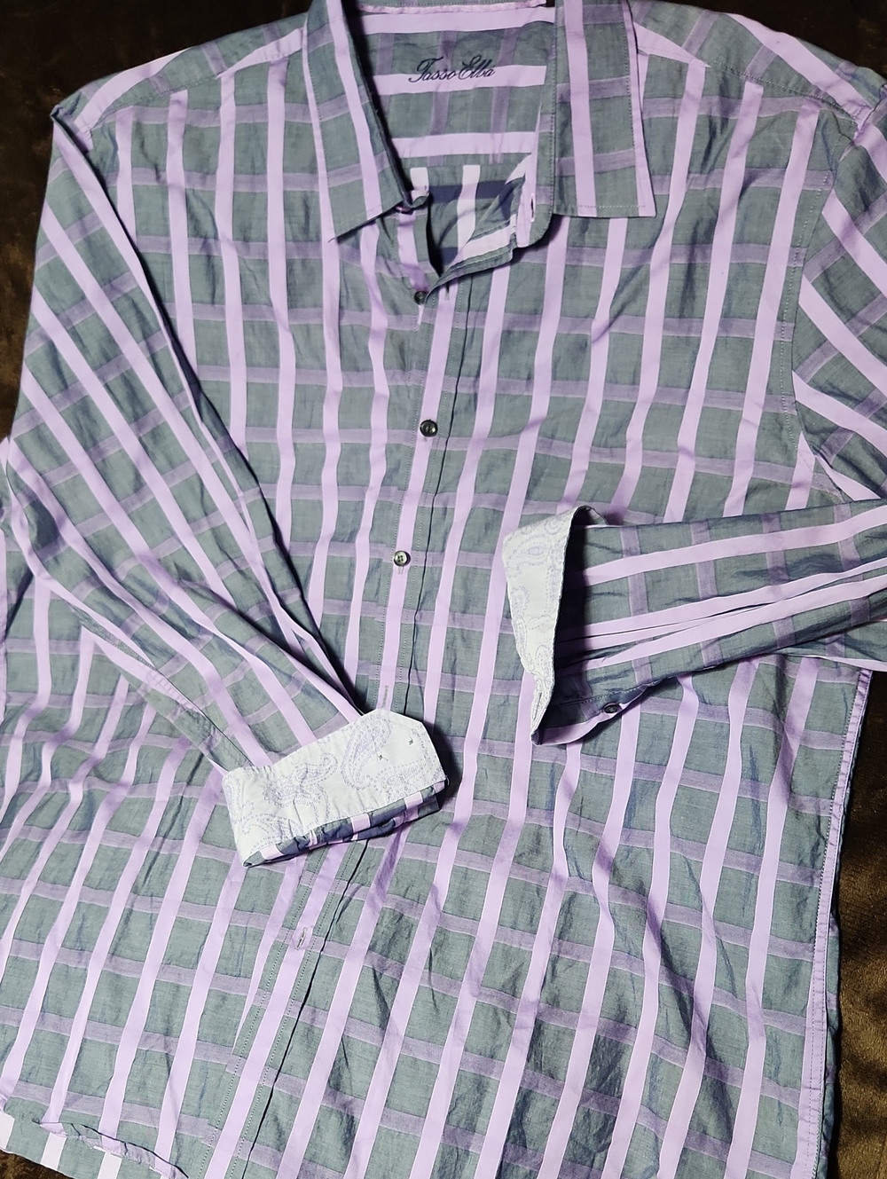 Men's Lavender & Gray Checked Button-Up Shirt Tasso Elba Size Xl-XXL 21"×31" Mea